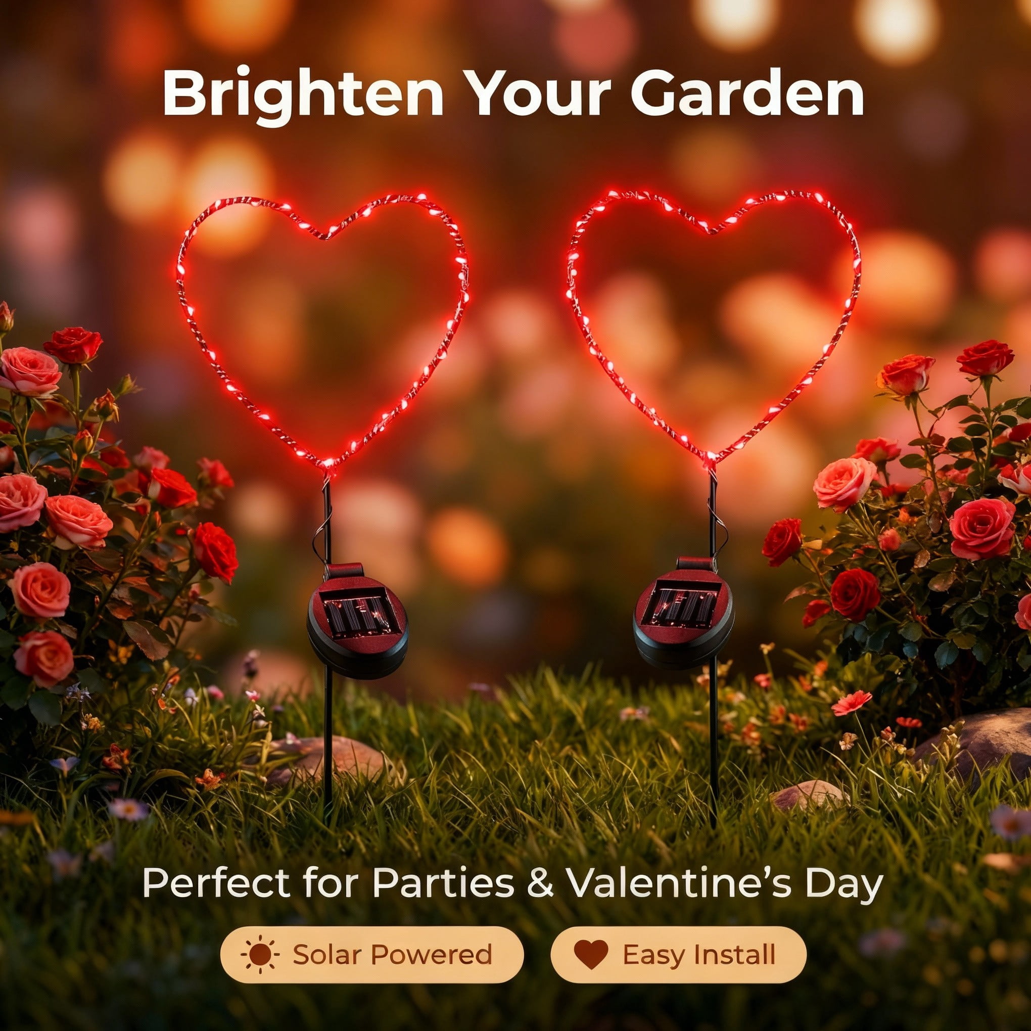 Outdoor Solar Powered LED Metal Garden Decorative Stake Light - 2 Pack Red Heart