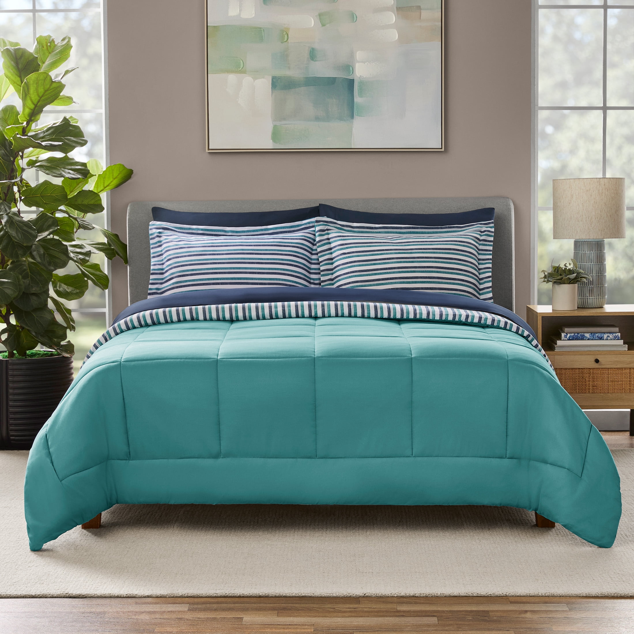 Mainstays All in One Reversible Comforter and Sheet set- 7 Piece, Full, Blue Pinstripe