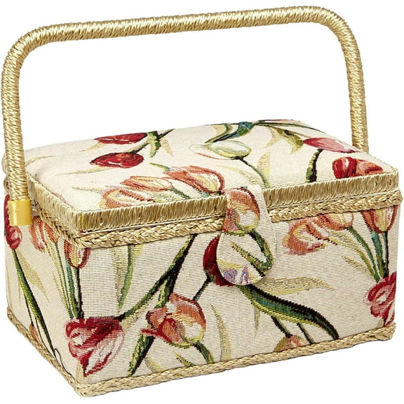 Sewing Basket with Tulip Floral Print Design- Sewing Kit Storage Box with Removable Tray, Built-in Pin Cushion and Interior Pocket - Medium - 11" x 7" x 5.5" - by Adolfo Design Medium - 11" x 7" x 5.5" Tulip