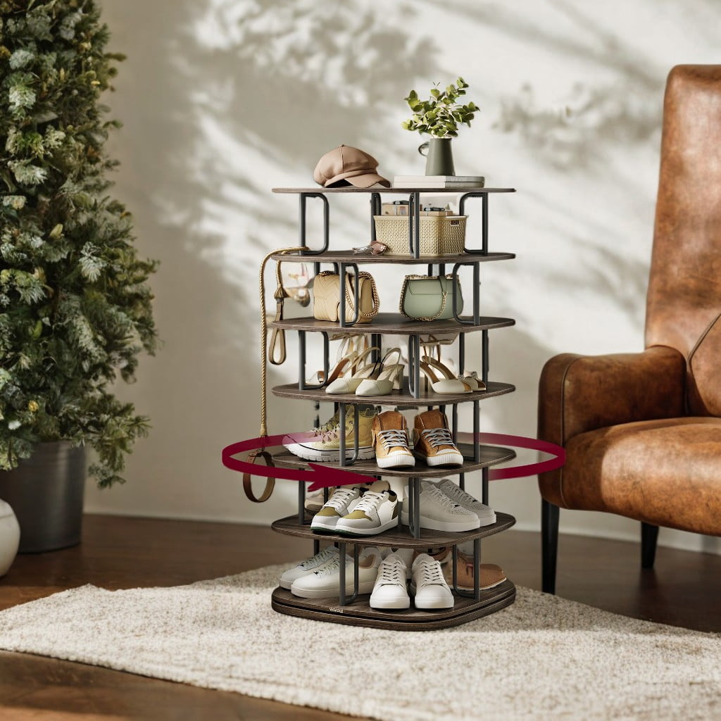 360° Rotating Shoe Rack – 5-Tier Freestanding Storage Organizer for 28+ Pairs, Entryway，Closet, Sturdy Steel & Particleboard, Ash Brown