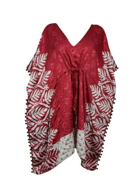 Mogul Women Short Caftan Dress Recycled Sari Red Floral Printed Kaftan Dresses XL
