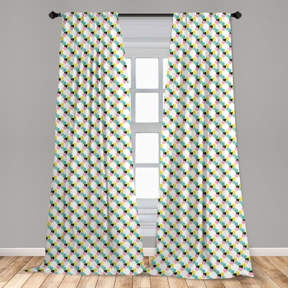 Geometric Curtains 2 Panels Set, Memphis Art Abstract Pattern with Squares, Window Drapes for Living Room Bedroom, 56"W X 84"L, Ivory Multicolor, by Ambesonne