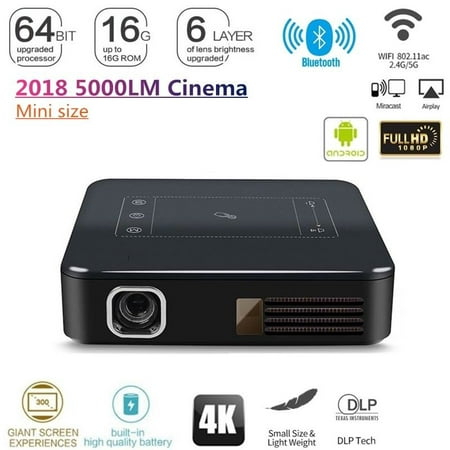 Kingslim Mini Portable LED Projector 5000 Lumens 2G 16G DLP Wireless Office/Business Smart Projectors Android 7.1 Wifi 4K HD 1080P Home Theater Projector