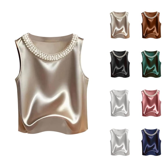 Satin Tank Tops for Women Elegant Dressy Casual Crewneck Beaded Sleeveless Shirt Going out Tops Summer Outfits