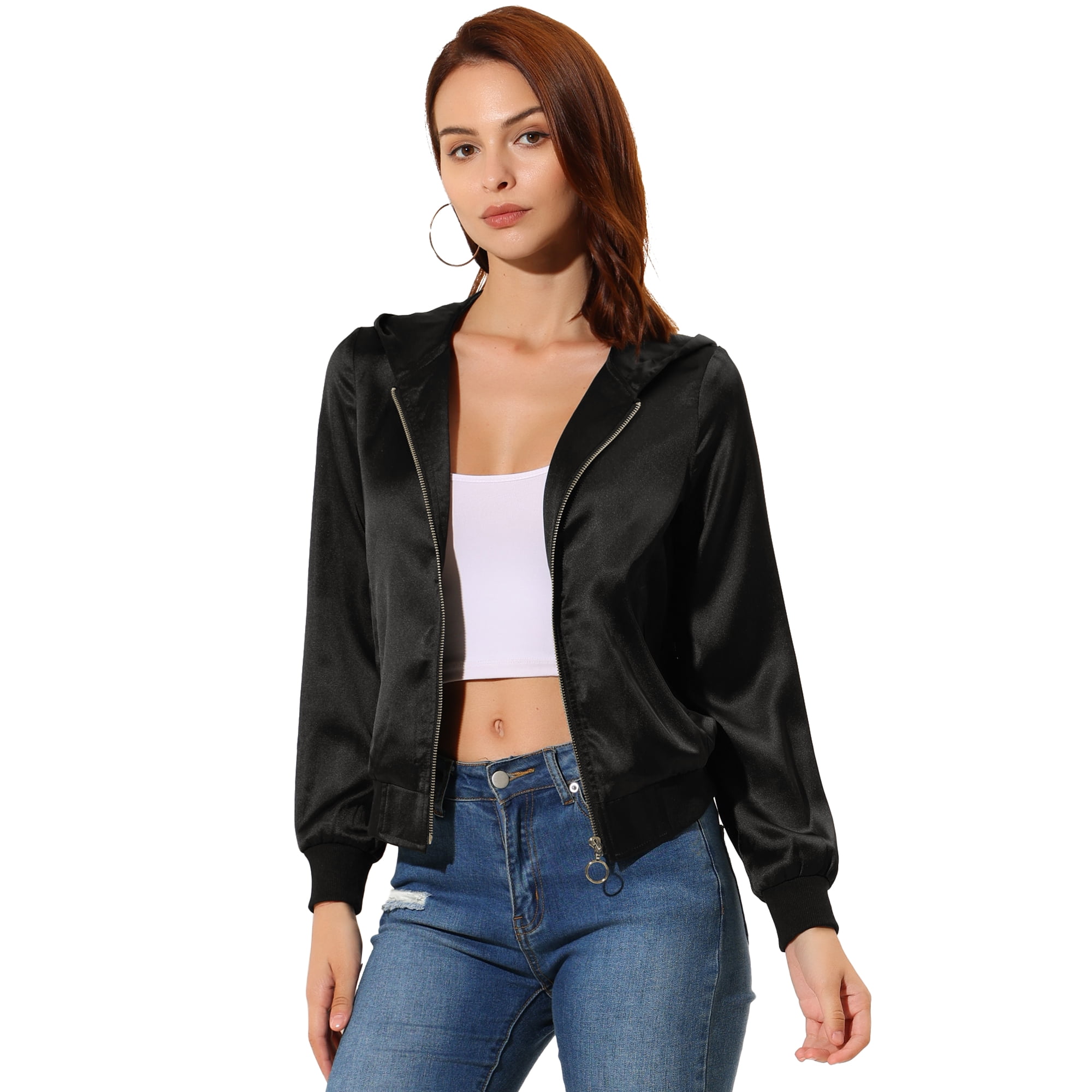 Unique Bargains Women s Sparkle Holographic Shimmering Metallic Zipper Front Hood Shiny Bomber Jacket Black XL