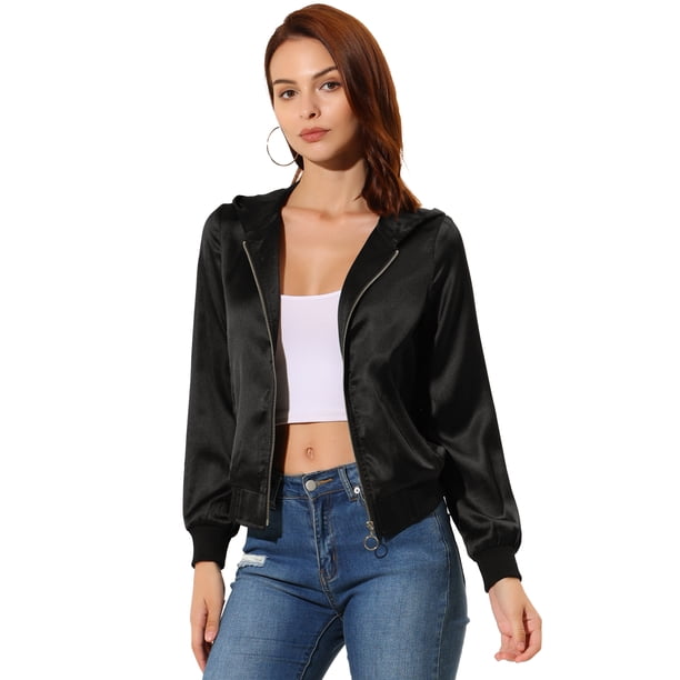 Chaqueta De Bombardero Brillante Con Capucha Frontal Con Cremallera Metálica Brillante Holográfica Brillante Para Mujer Negro XS
