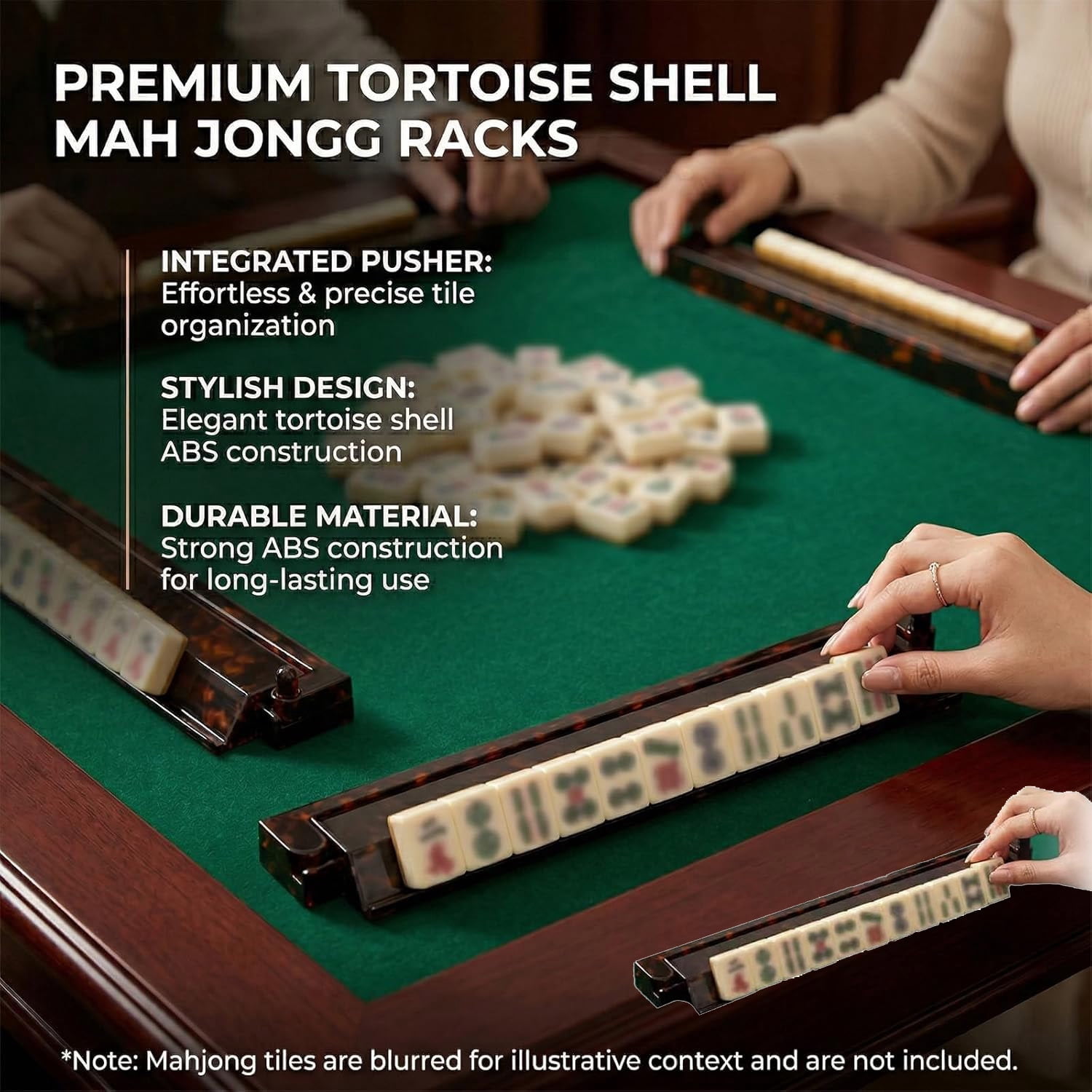 Tortoise Shell Mahjong Racks with Pushers, 17.5 Inch Extended Acrylic Majiang Tile Holder Set of 4, Non-Slip American Style Tabletop Accessories for Daily Tile Building (4PCS)