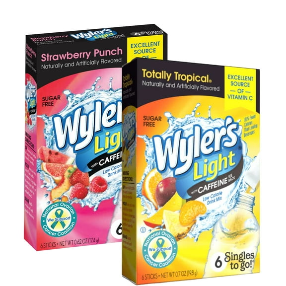Wyler's Light Singles To Go Caffeinated Drink Mix 1 Totally Tropical and 1 Strawberry Punch Fruity Flavored On The Go Water Enhancer Mix Packets for Lunch Picnics Outdoor Beverages 2 Boxes(12 Servings