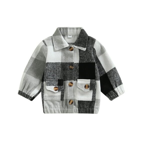 KOMOO Toddler Baby Flannel Jacket Long Sleeve Lapel Corduroy Jacket Button Elastic Hem Plaid Shacket Jacket