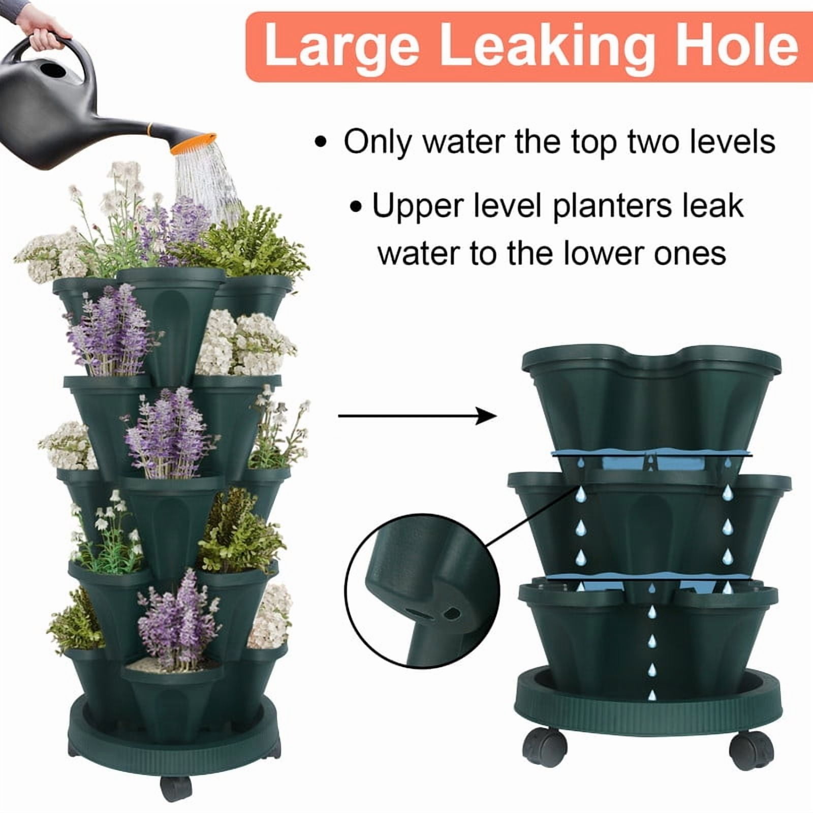 5-Tier Vertical Stackable Tower Planter for Strawberries, Flowers, Herbs, and Vegetables - Green.