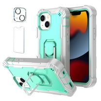 Allytech Compatible for iPhone 13 Mini 5.4"(2021) Case, 3-Layer PC & TPU Shockproof  1 PCS Tempered Glass Clear Screen Protector   1 PCS Camera Protector   Ring Holder Stand Cover, Gray   Green