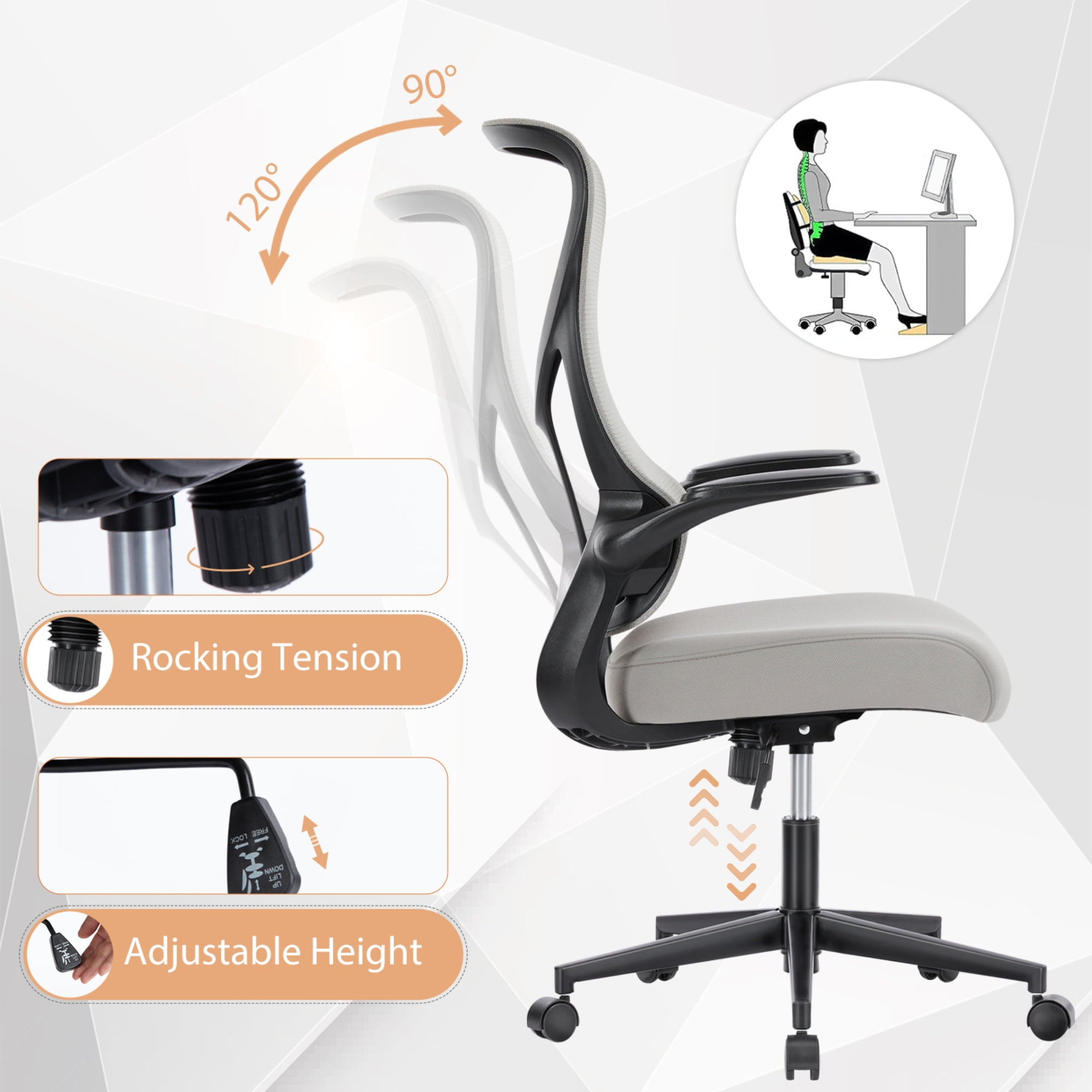 edx Office Chair, Ergonomic Home Office Desk Chairs, Computer Chair with Comfortable Armrests, Mesh Desk Chairs with Wheels, Gray