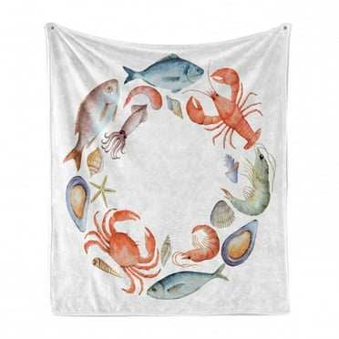 Lobster Soft Flannel Fleece Throw Blanket, Pattern of Aquarelle Style Tasty Seafood Arranged in Circular Composition, Cozy Plush for Indoor and Outdoor Use, 50" x 70", Multicolor, by Ambesonne