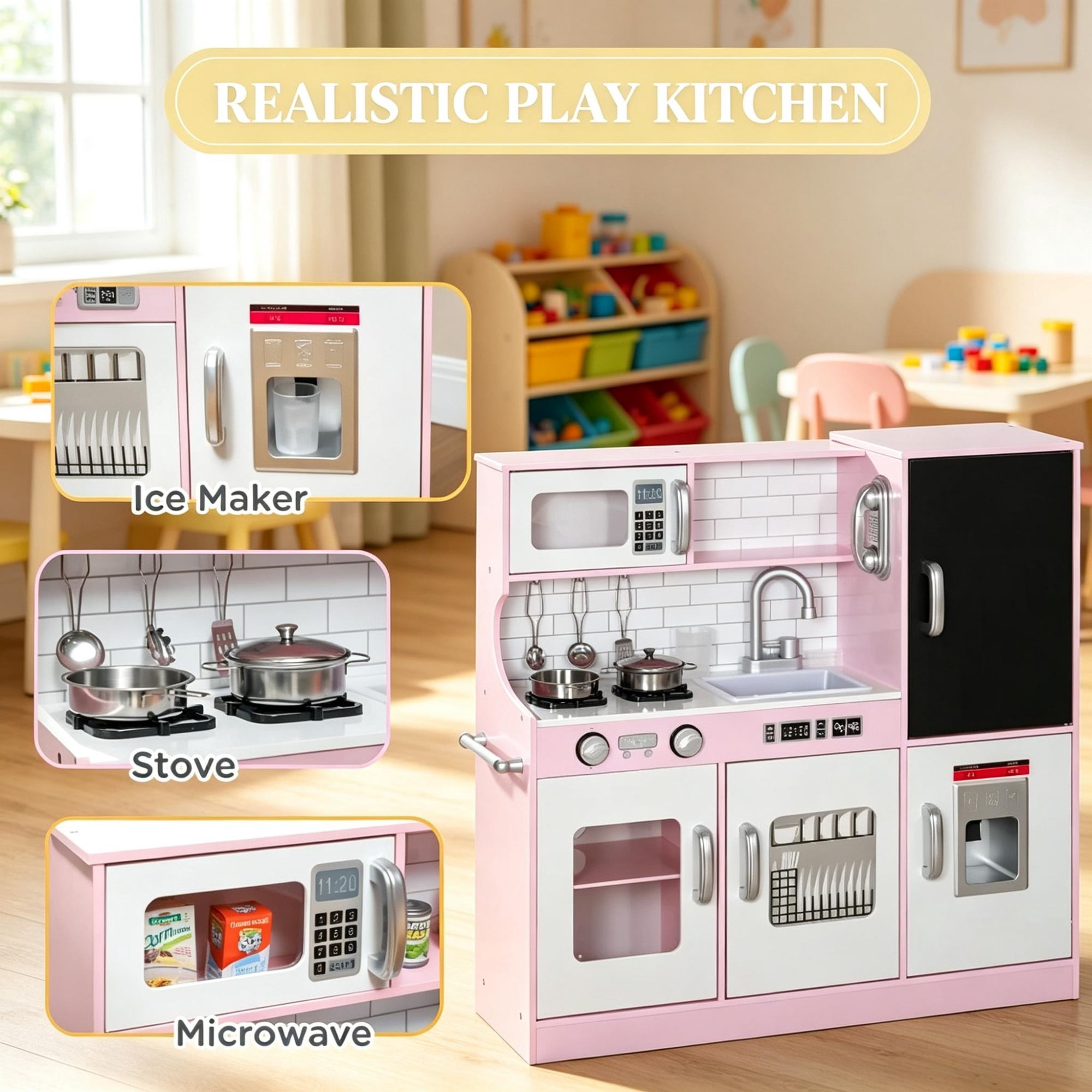 Pretend Play, Kids Kitchen Playset with Play Phone, Chalkboard, Towel Rack & Ice Maker, Pink