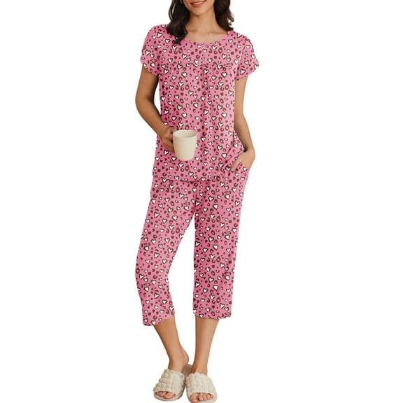 Ekouaer Womens Pajama Set Short Sleeve Sleepwear Pleated Floral Pjs Set Capri Pants Lounge Sets with Pockets