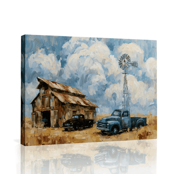 Rustic Barn and Vintage Trucks Impasto 8 x 12 in Canvas Wall Art for Dining Room