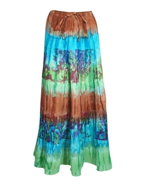 Mogul Women Colorful Tie Dye Long Skirt A-Line Tiered Cotton Summer Style Hippie Chic Gypsy Skirts