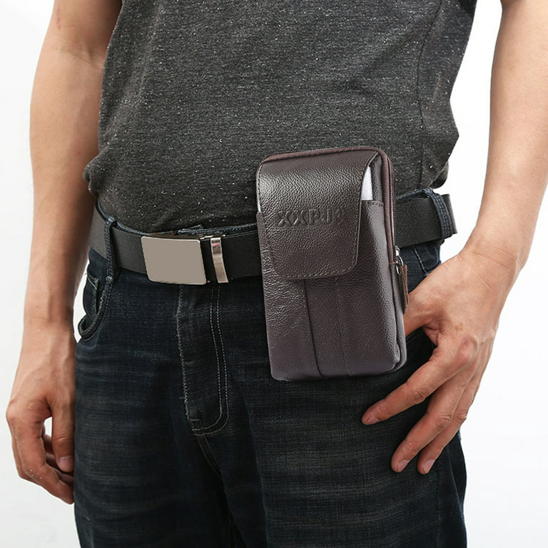 Men's Cowhide Waist Bag, Cell Phone Holster, Genuine Leather Fanny
