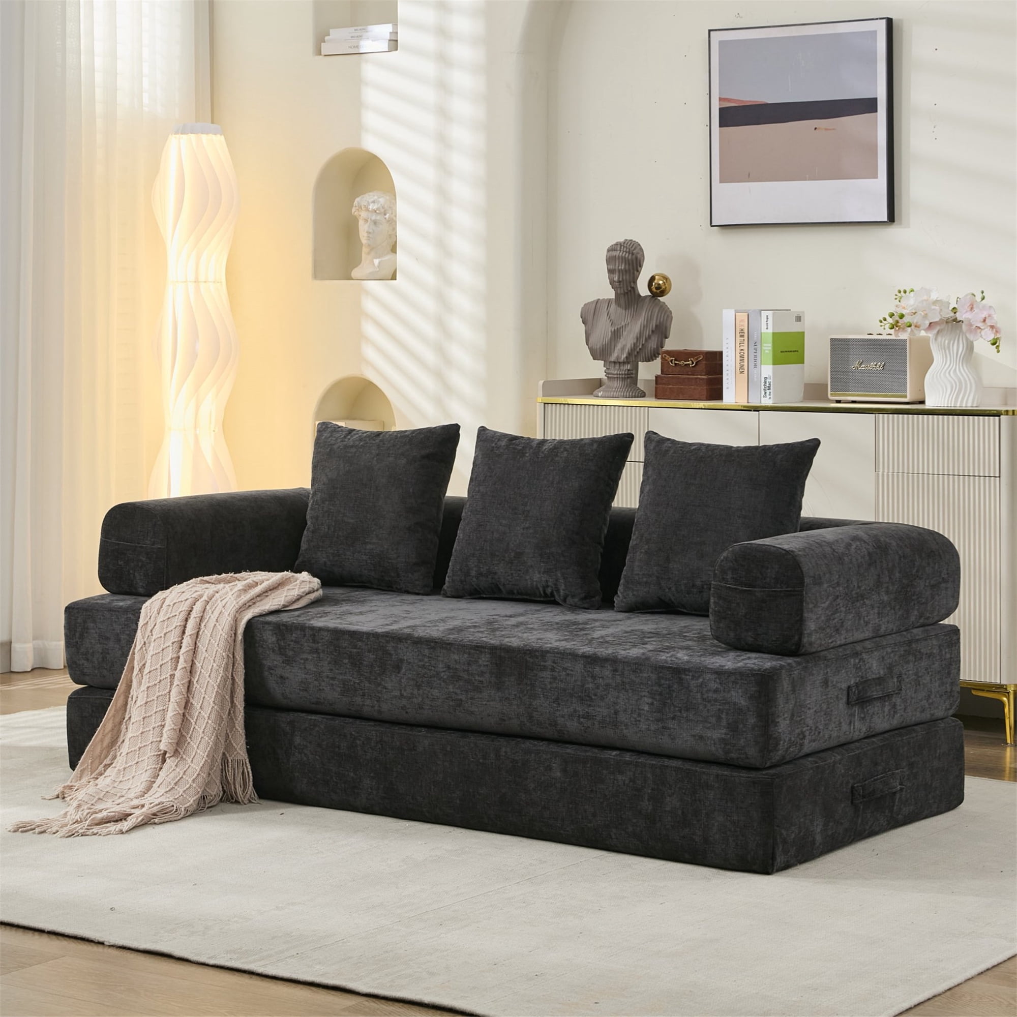 Aukfa Convertible Sleeper Sofa Bed King Floor Futon Couch for Living Room Bedroom, Chenille, Black