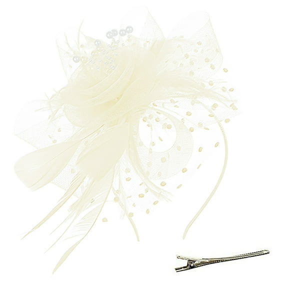Baberdicy Hair Clips Hat for Women Feather Tea Party Bridal Wedding Cocktail Mesh Flower Headband Hair Clip Fascinators Hats for Women Beige