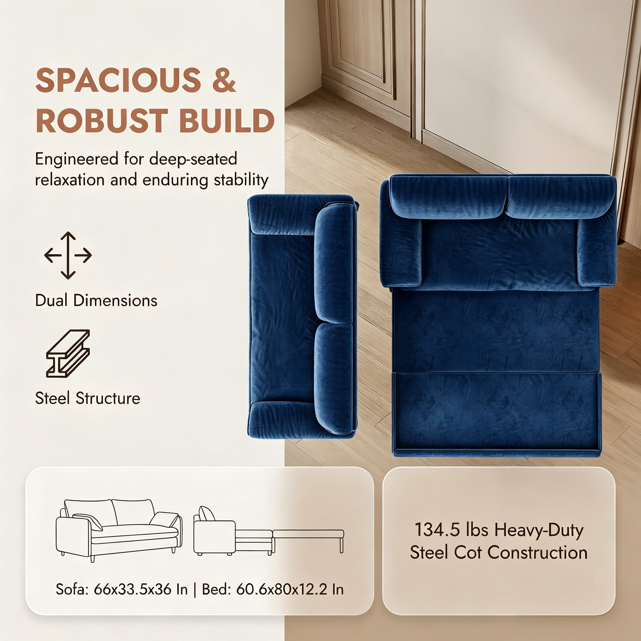 3-in-1 Queen Pull Out Sofa Bed, 66" Velvet Convertible Sleeper Couch with Deep Seat & Storage Pocket, Modern Folding Futon Sofa Bed, Blue