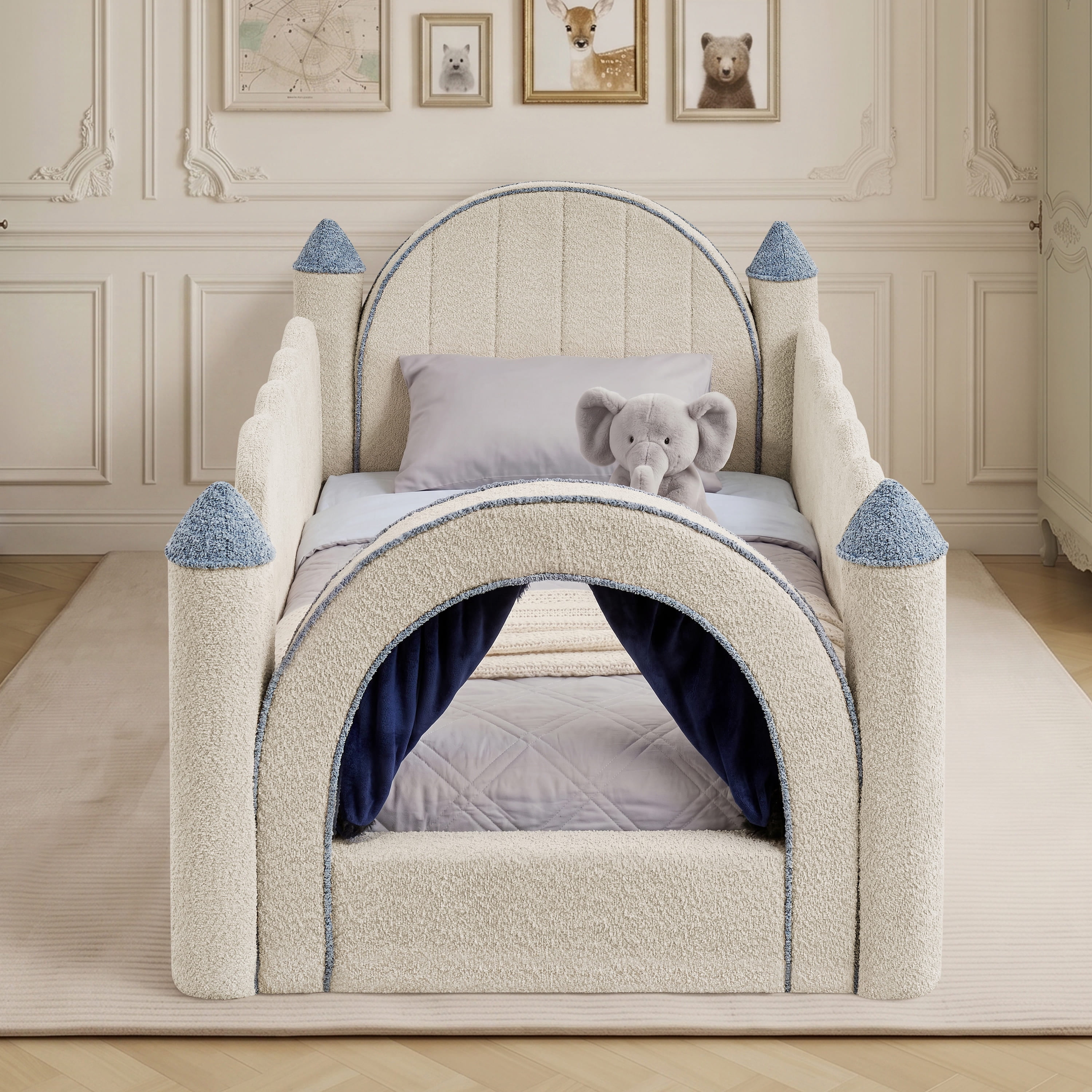 Wakefit Twin Size Castle Bed with Safety Guardrails & Curtain,Boucle Upholstered Kids Bed Solid Wood Frame,Cute Daybed for Bedroom,Camel