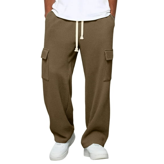 Baggy Sweatpants Men Textured Waffle Pants Loose Fit Lightweight Sweats Wide Leg Gym Athletic Workout Joggers Brown M
