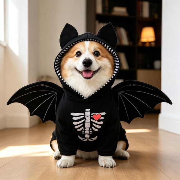 Halloween Dog Hoodie With Bat Skeleton Print, Pet Costume With Ears, Dog Dress Up For Party And Photos,Black - L