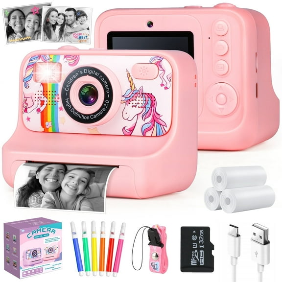 UQN Kids Digital Camera, 1080p Instant Print Camera for Boys Girls 3-10 Years Old, 32GB Unicorn Photo Toys, Birthday Christmas Gifts for 3 4 5 6 7 8 Year Old Kids Toddlers-Pink