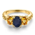 thumbnail image 3 of Gem Stone King 18K Yellow Gold Plated Silver Blue Sapphire and Yellow Sapphire Filigree Style 3 Stone Ring for Women (3.03 Cttw, Oval 8X6MM and 6X4MM) (Size 5), 3 of 6