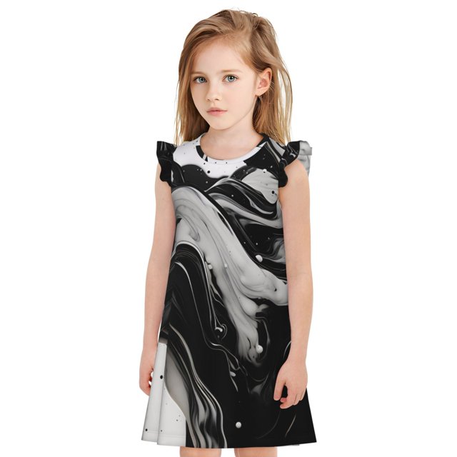 Fotbe Fluid Black White Paint Swirls Vestido de Dormir para Niñas de 3 a 10 Años, Mangas Cortas, Estilo Princesa, Pijama Camisón con Mangas Voladas-X-Large