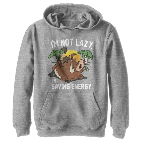 Boy's Lion King Pumbaa I'm Not Lazy I'm Saving Energy  Pull Over Hoodie Athletic Heather Small