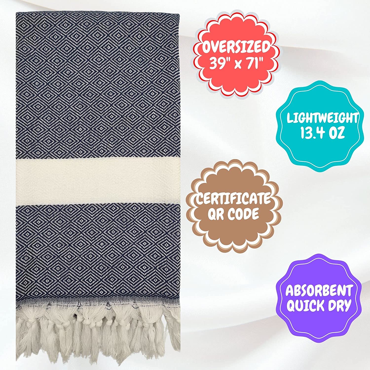 Erbulus Turkish Beach Towel (39" x 71") - 100% Cotton - Certified Free of Harmful Chemicals - Absorbent and Quick Dry - Yoga Blanket - Peshtemal Turkish Bath Towel for SPA, Pool, Gym (Navy) - image 2 of 6