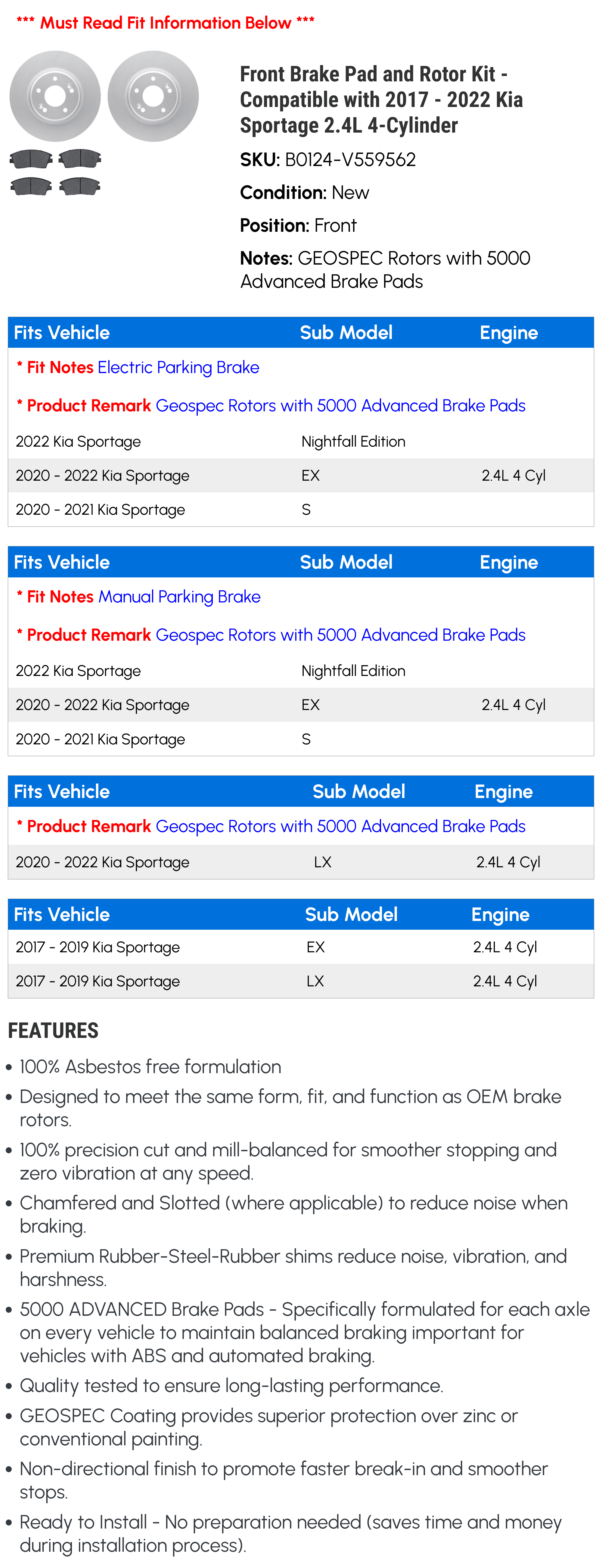 Complete Front Brake Kit For Kia Sportage (2017-2022) – Rotors & Ceramic Pads By Detroit Axle