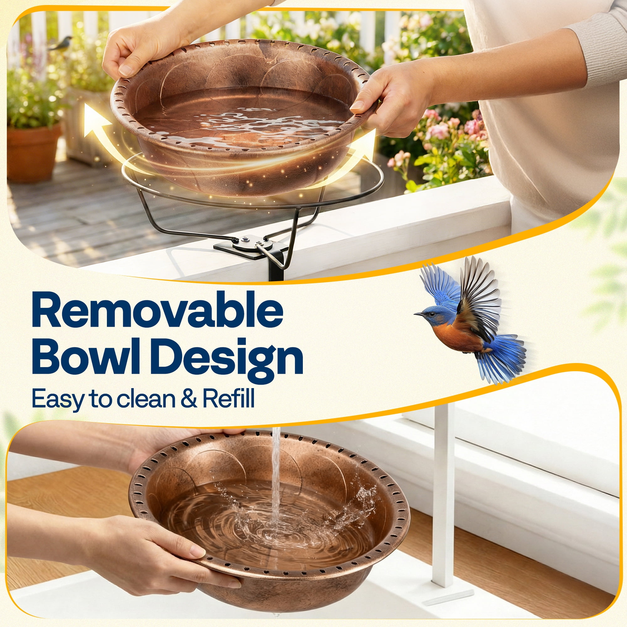 SPECSTAR Deck Mounted Bird Bath with Solar Fountain, Outdoor ABS Birdbath Bowl with Adjustable Metal Clamp, Solar Powered Pump for Railing, Fence, Balcony, 1.45 Gallons, Bronze
