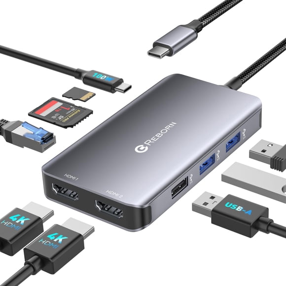 Estación de acoplamiento USB C Reborn con doble monitor 4K HDMI 9 en 1