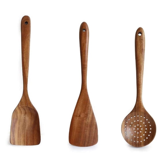Teak Wood Natural Handcrafted Nonstick Cookware Safe Kitchen Utensil Set, 3 pcs