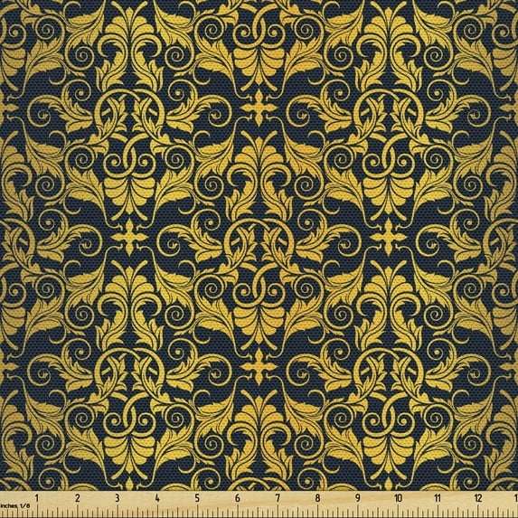 Yellow Damask Fabric by the Yard, Elaborated Pattern Illustration with Interlaced Wavy Floral Leaves, Upholstery Fabric for Dining Chairs Home Decor Accents, 5 Yards, Yellow and Dark Blue by Ambesonne