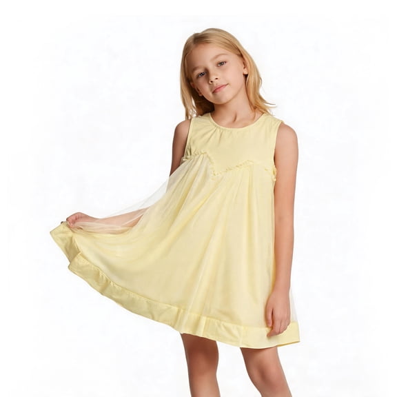 NIPAXO Girls Dress Sleeveless Crewneck Tulle Mesh Overlay Flowy A-Line Casual Sundress for Kids