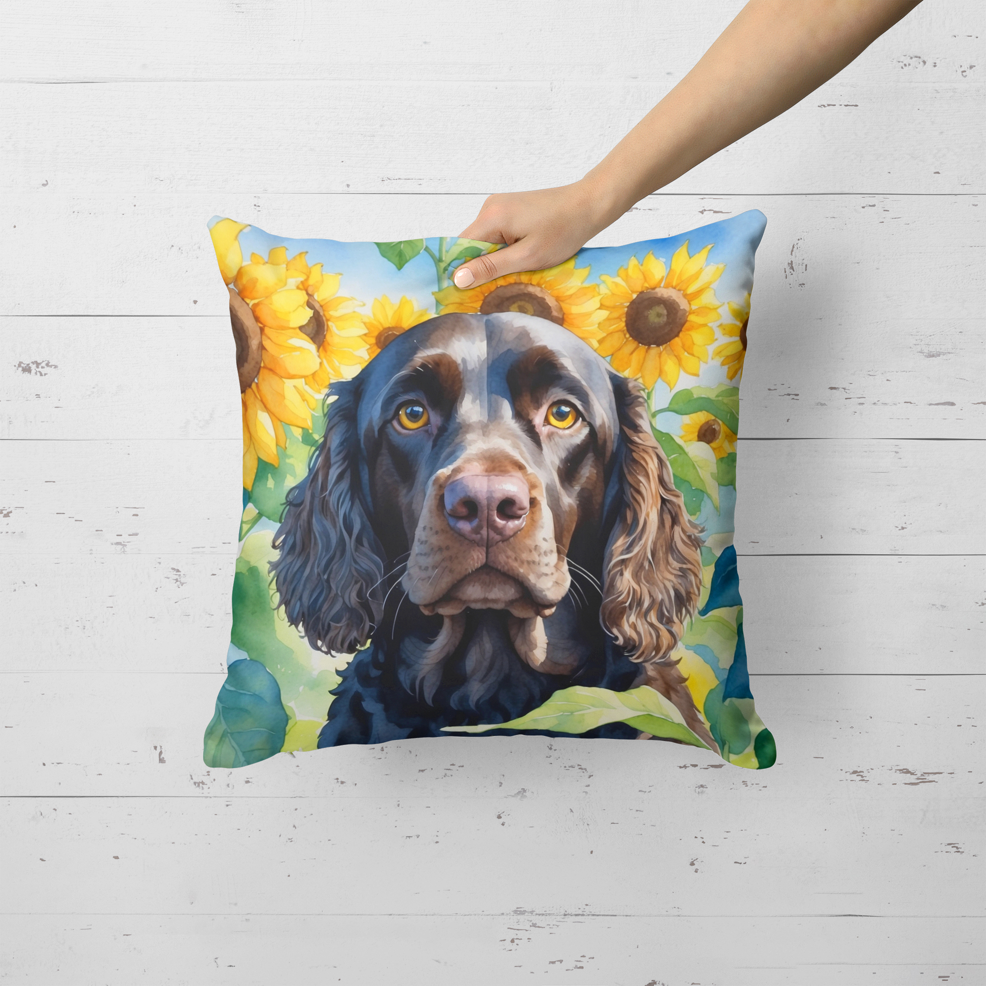 Water Spaniel in Sunflowers Throw Pillow 18 in x 18 in