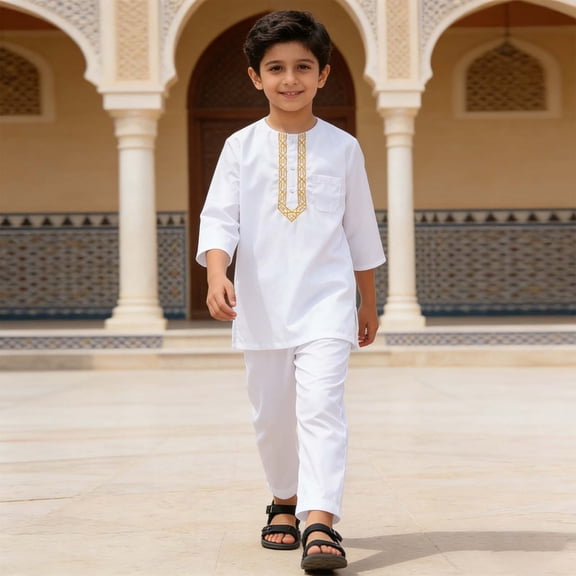CAIVO Outfit Sets Boys Teenage Boys Long Sleeve Robe Suit Ational Embroidered Robe Suit Arab Child's Wear Out Wear Lovely Clothing Sets