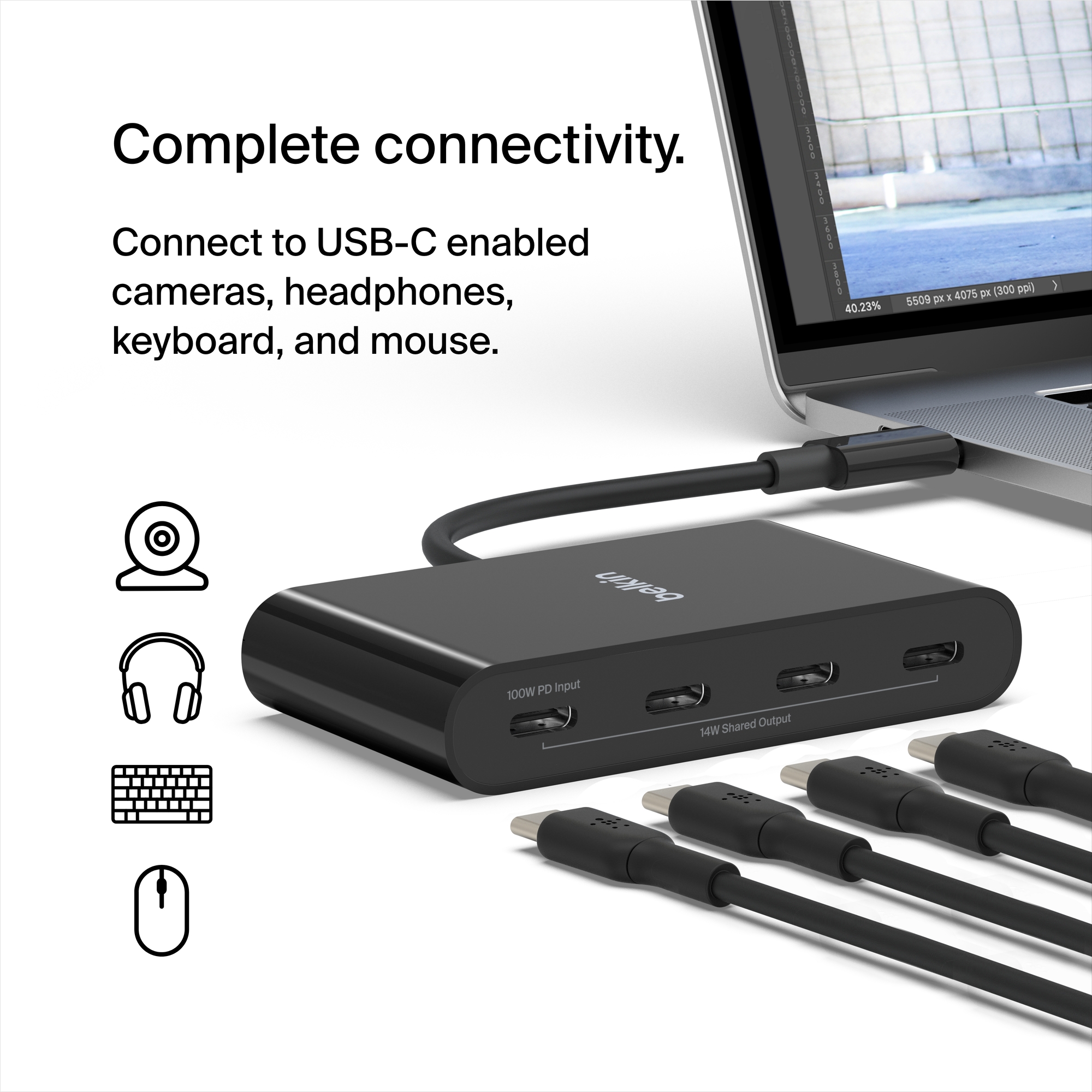 Belkin Connect USB-C™ to 4-Port USB-C Hub, Multiport Adapter Dongle with 4 USB-C 3.2 Gen2 Ports & 100W PD with Max 10Gbps High Speed Data Transfer for MacBook, iPad, Chromebook, PC, and More - image 2 of 10