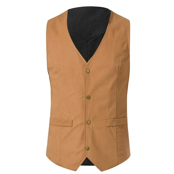 VSSSJ Men's Basic Vest with Pocket Regular Fit Cowboy Style V-Neck Sleeveless Solid Color Button Down Jackets Fashion Retro Wedding Party Jacket Khaki XXL