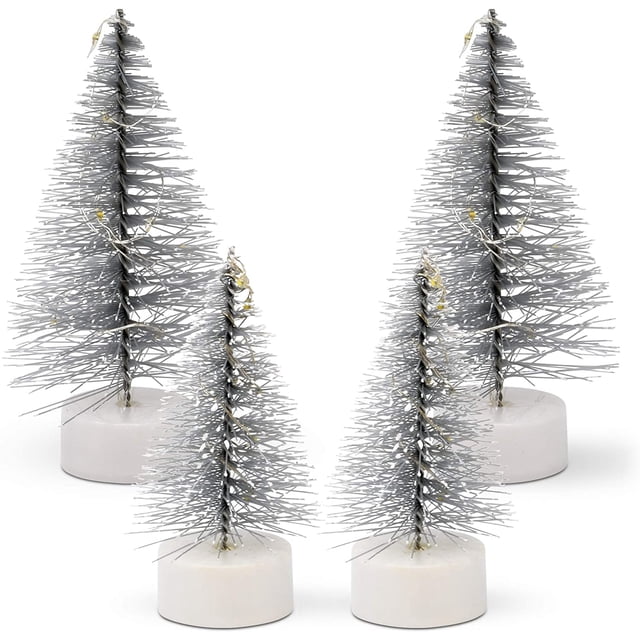 4 PCs Mini Lit LED Christmas Trees Bottle Brush Tree Holiday Mini Artificial Sisal Snow Frost Christmas Trees Tabletop Model Trees for Christmas Village Decoration Room Decor Home Table Top Green -