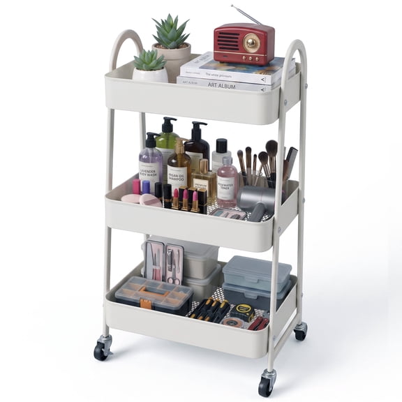 edx 3 Tier Rolling Cart, Metal Utility Storage Cart with Lockable Wheels for Livingroom, Bathroom, Kitchen & Narrow Spaces,White