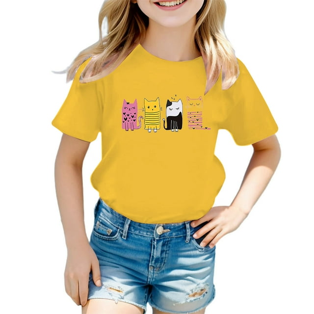 AJIWYH Chemises d'École pour Filles, T-Shirt Mignon à Motif pour Fille, Col Rond, Manches Courtes, T-Shirt Décontracté d'Été, Chemise d'Uniforme pour Fille de 5-6 Ans, Jaune