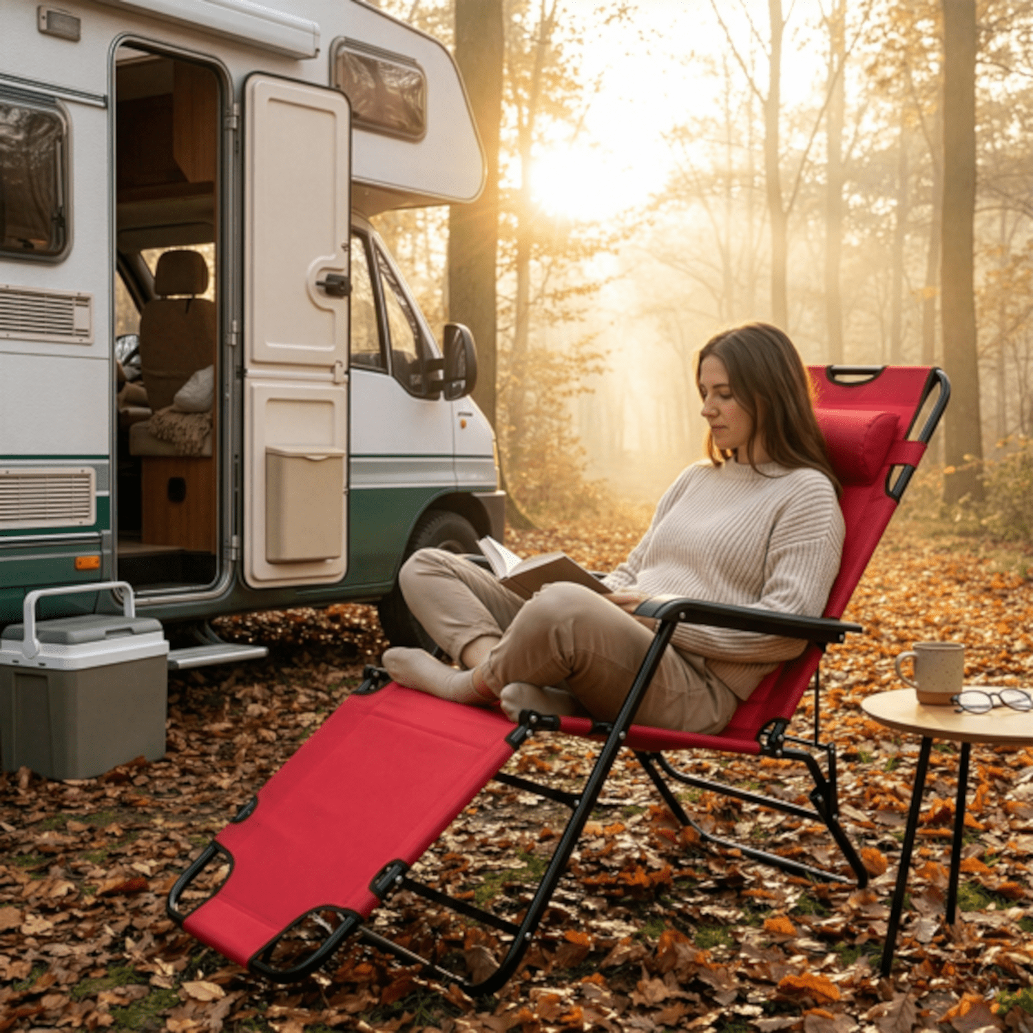Alvantor 2-in-1 Folding Lounge Chair with Adjustable Recline, Pillow and Armrests, Red
