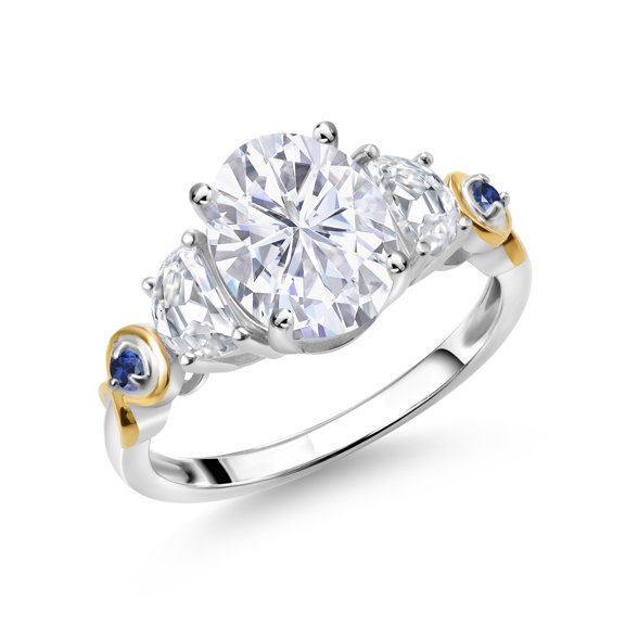 Gem Stone King 925 Silver and 10K Yellow Gold 3-Stone Ring Set with Moissanite (2.60 Cttw) (Size 9)
