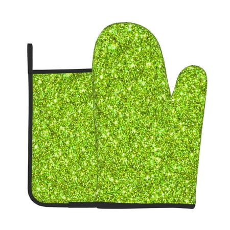 

Junzan Lime green glitter Pattern Oven Mitts and Pot Holders 2 pcs Set Potholders BBQ Gloves Long Kitchen Oven Glove for Cooking Baking Grilling (2-Piece Set 11 Inch)