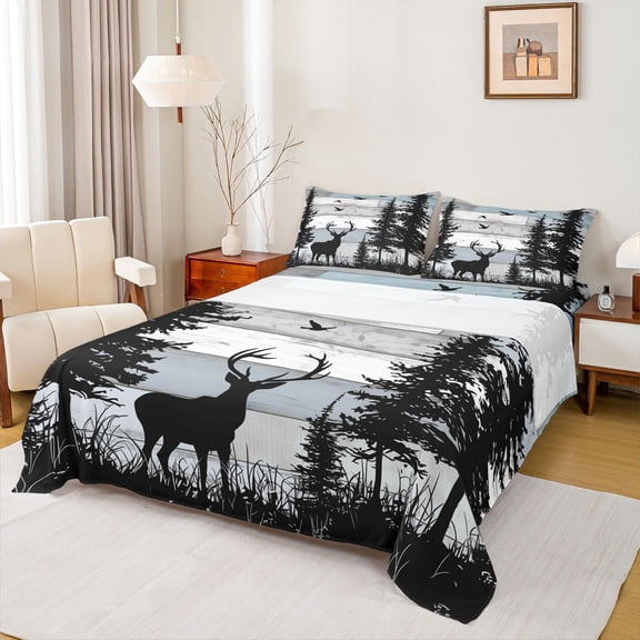 Homewish Jungle Animal Deer Twin Sheet Sets,Rustic Farmhouse Cabin Twin Fitted Sheet,Old Barn Door Flat Sheet For Boys Teens,Microfiber Bedroom Decor,3 Pieces